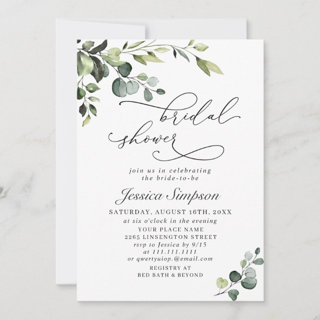 Elegant Eucalyptus Watercolor Bridal Shower Invitation (Front)