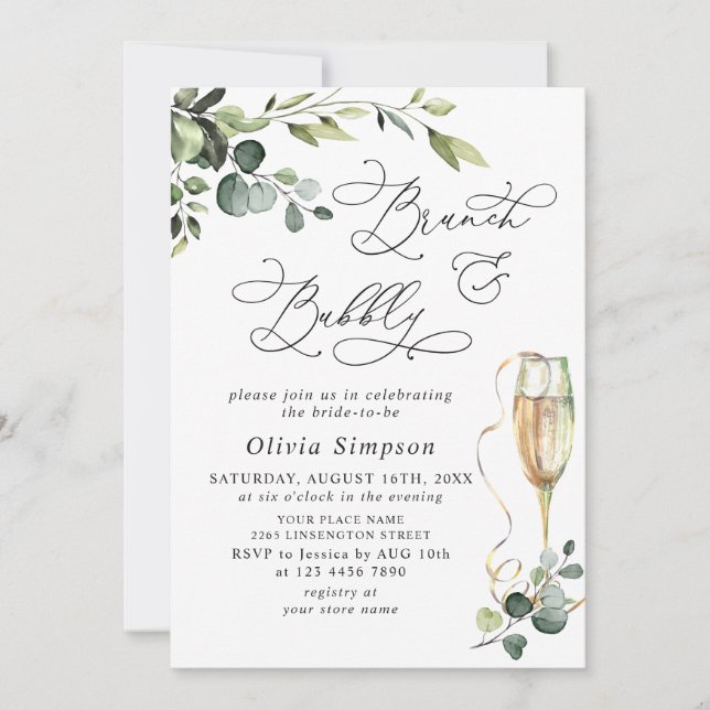 Elegant Eucalyptus Watercolor Brunch & Bubbly Invitation (Front)