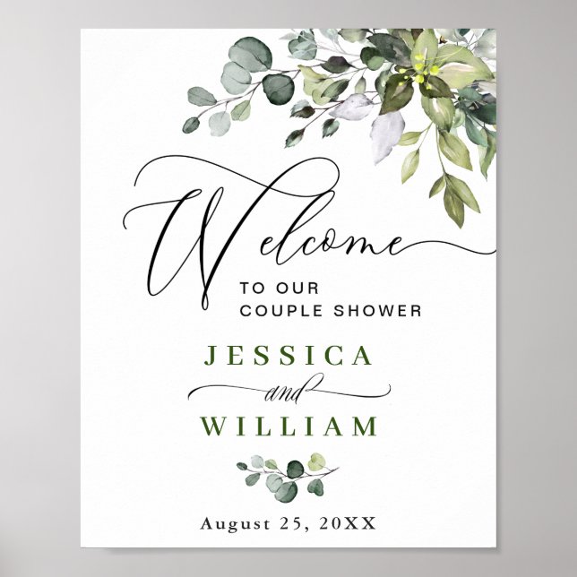 Elegant Eucalyptus Watercolor Couple Shower Poster (Front)