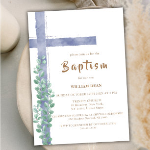 Elegant Eucalyptus Watercolor Cross Boy Baptism Invitation