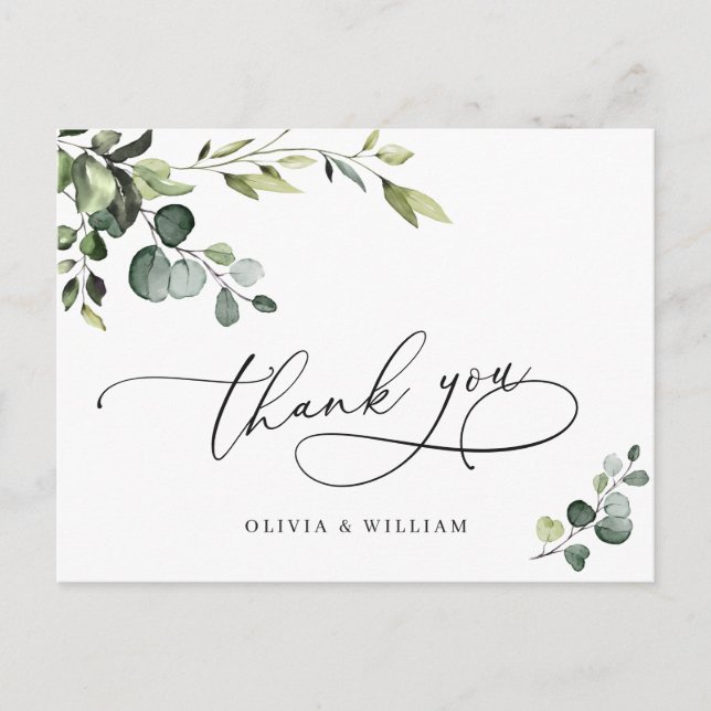 Elegant Eucalyptus Watercolor Floral Thank You Postcard (Front)