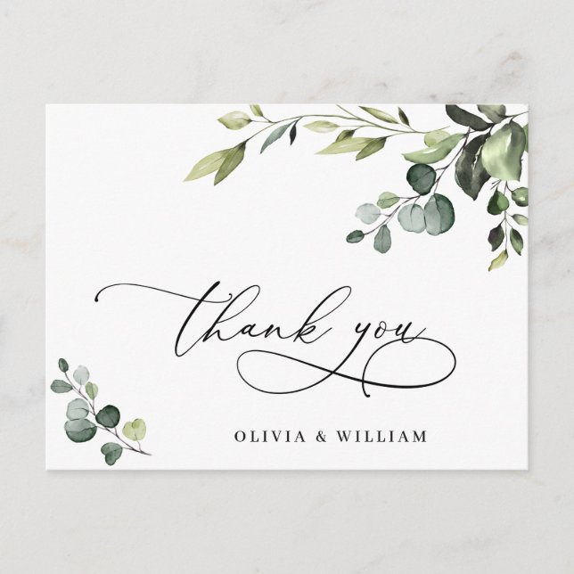 Elegant Eucalyptus Watercolor Floral Thank You QR Postcard (Front)