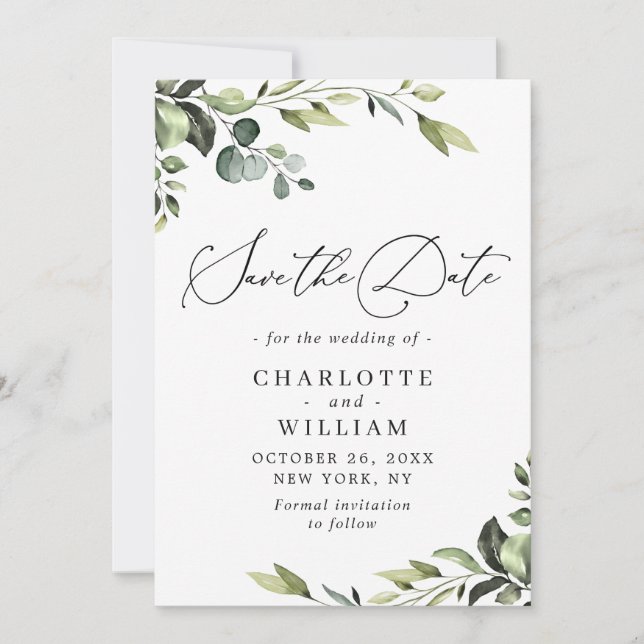 Elegant Eucalyptus Watercolor Floral Wedding Save The Date (Front)