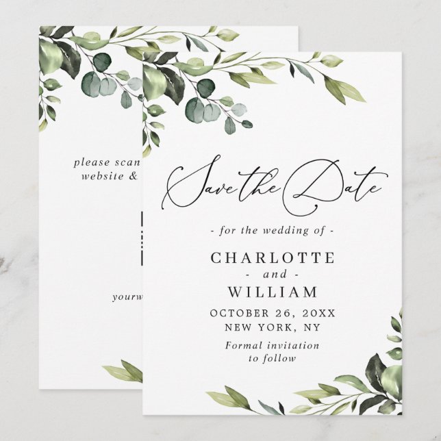 Elegant Eucalyptus Watercolor Floral Wedding Save The Date (Front/Back)
