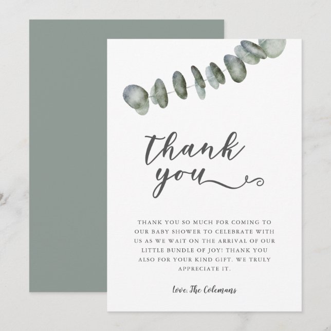 Elegant Eucalyptus Watercolor Leaves Baby Shower Thank You Card (Front/Back)