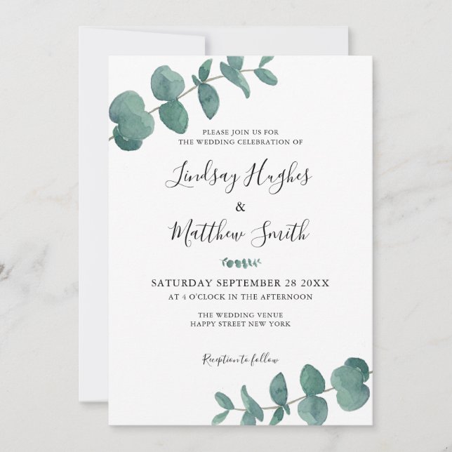 Elegant Eucalyptus Watercolor Leaves Wedding  Invitation (Front)