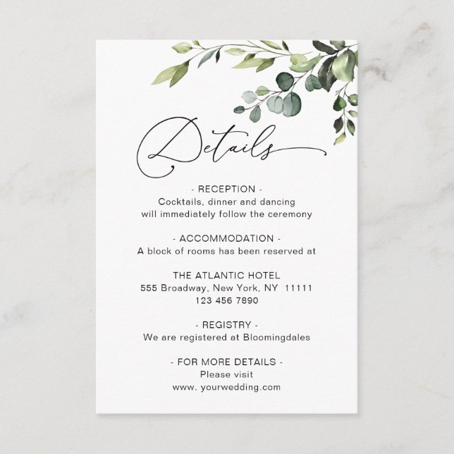 Elegant Eucalyptus Watercolor Wedding Details Enclosure Card (Front)