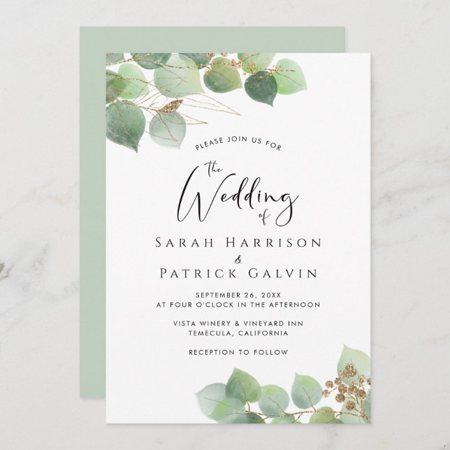 Elegant Eucalyptus Watercolor Wedding Invitation (Front/Back)
