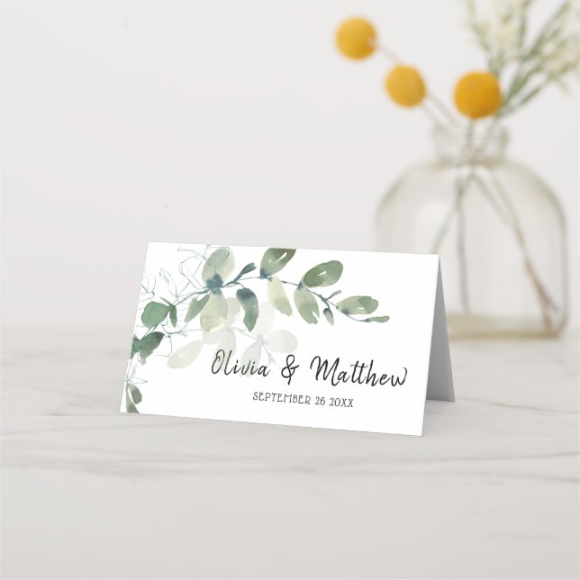 Elegant Eucalyptus Watercolor Wedding Place Card (Front)