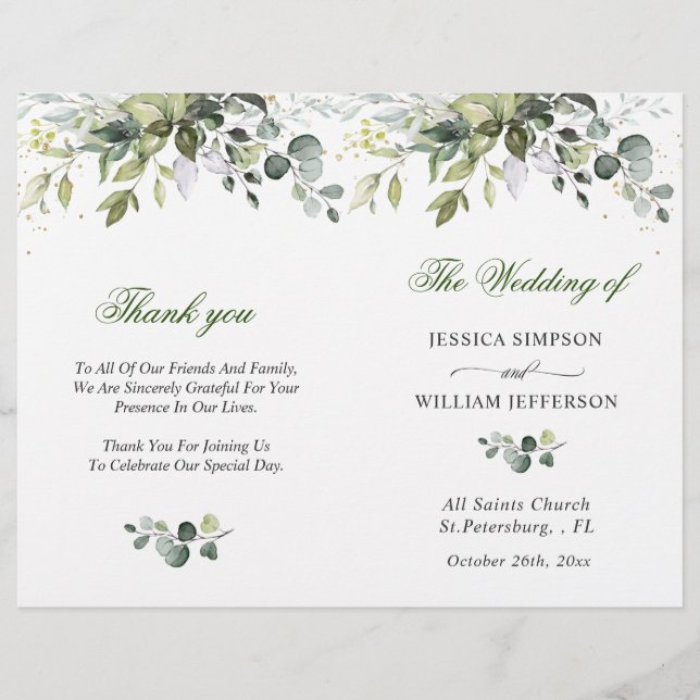 Elegant Eucalyptus Watercolor Wedding Program (Front)