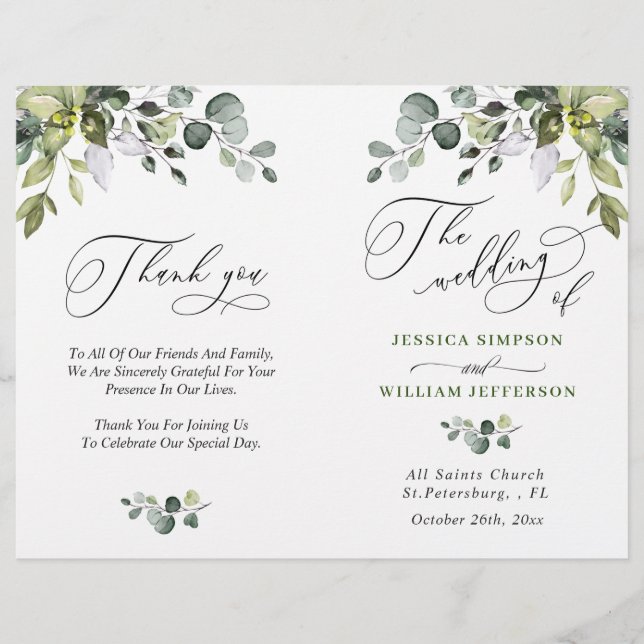 Elegant Eucalyptus Watercolor Wedding Program (Front)