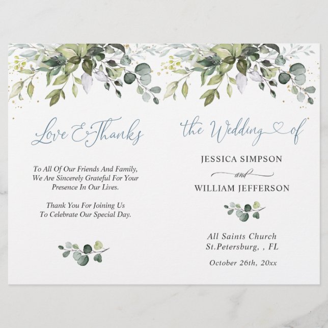 Elegant Eucalyptus Watercolor Wedding Program  (Front)