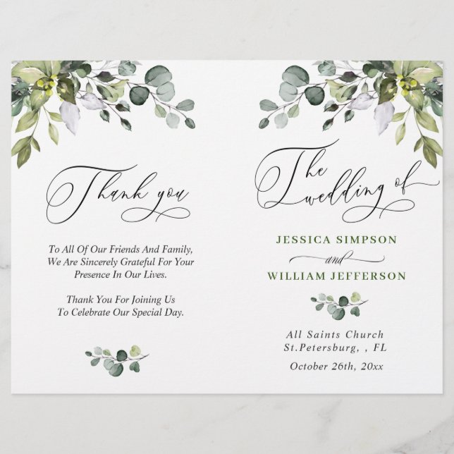 Elegant Eucalyptus Watercolor Wedding Program (Front)
