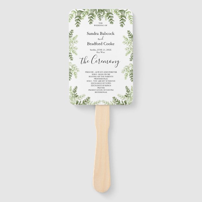 Elegant Eucalyptus Wedding Ceremony Program  Hand Fan (Front)
