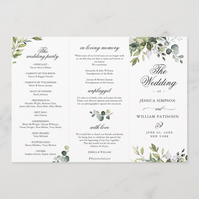 Elegant Eucalyptus Wedding Ceremony Program Invitation (Front)