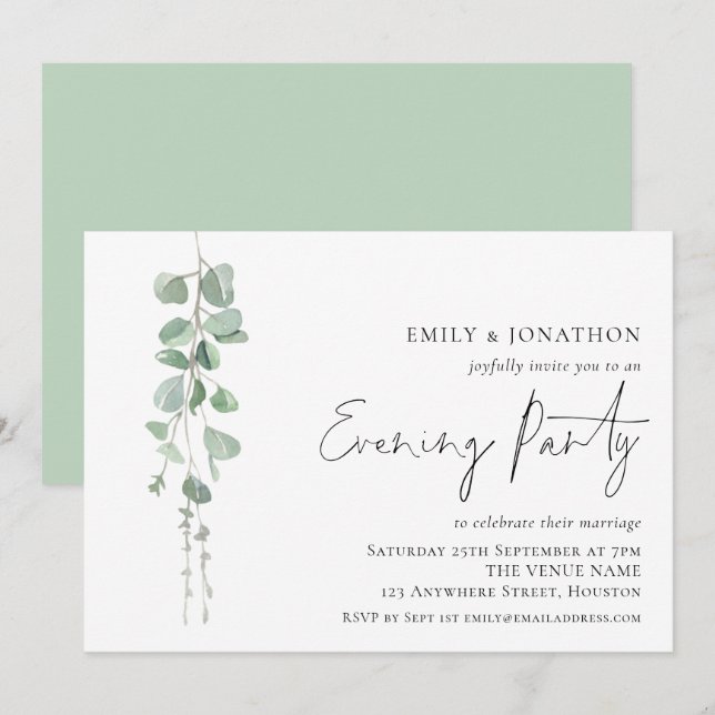 Elegant Eucalyptus Wedding Evening Party  Invitation (Front/Back)