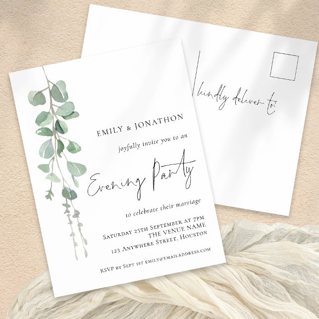 Elegant Eucalyptus Wedding Evening Party Invite Postcard (Front and Back View)