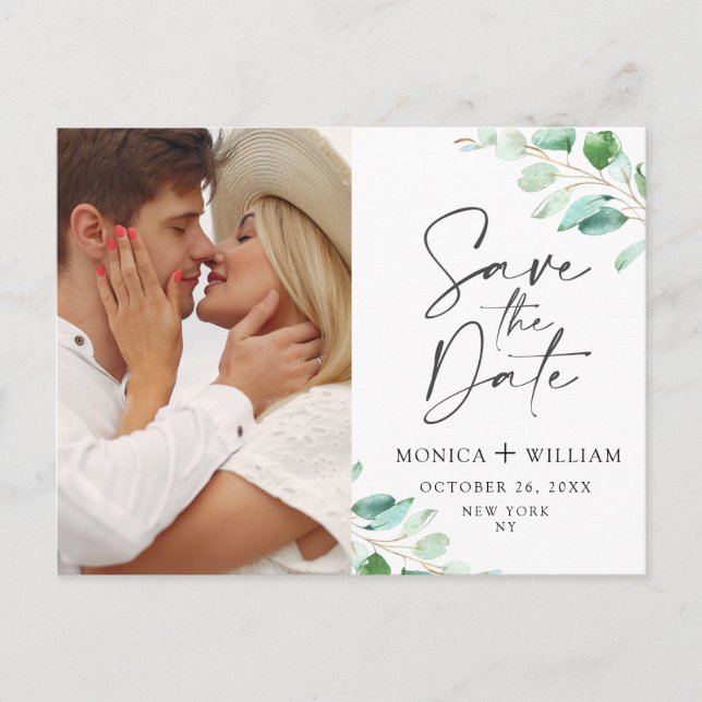 Elegant Eucalyptus Wedding Photo Save The Date Postcard (Front)