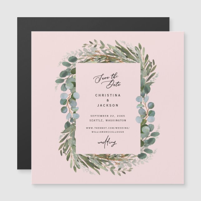 Elegant  Eucalyptus Wedding Save the Date Blush Magnetic Invitation (Front/Back)
