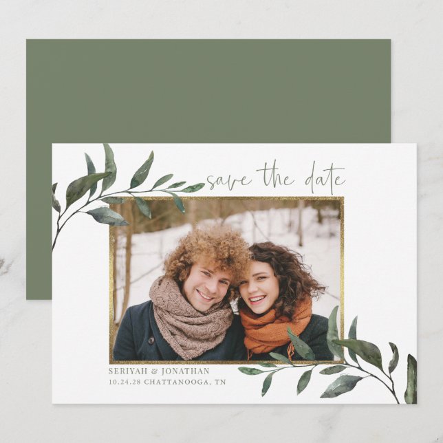 Elegant Eucalyptus Wedding Save the Date Photo Holiday Card (Front/Back)