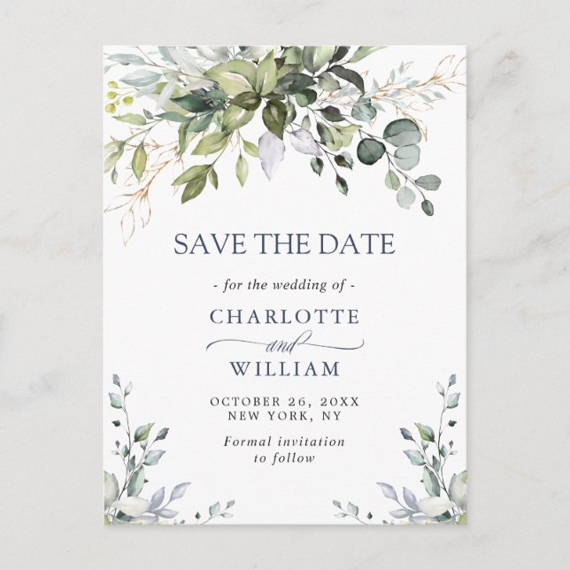 Elegant Eucalyptus Wedding Save the Date QR code Postcard (Front)