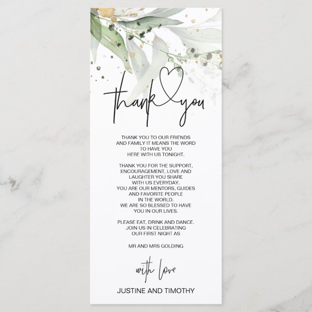 Elegant Eucalyptus Wedding Thank You Table Setting Menu (Front)