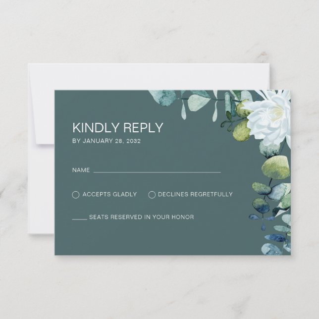 Elegant eucalyptus  white flowers chic wedding RSVP card (Front)