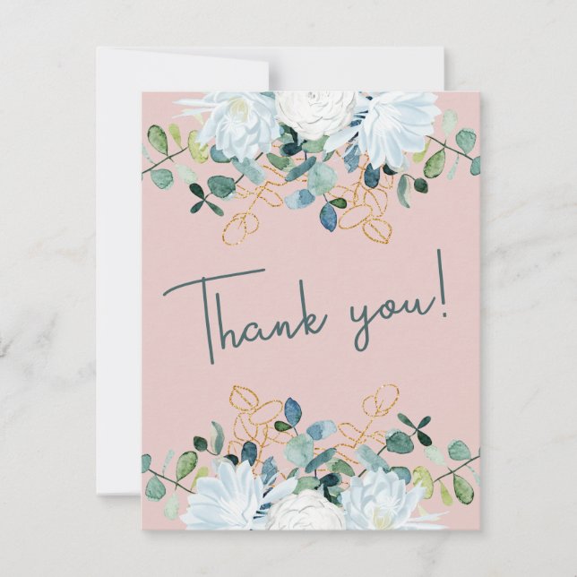 Elegant eucalyptus white flowers photo wedding thank you card (Front)