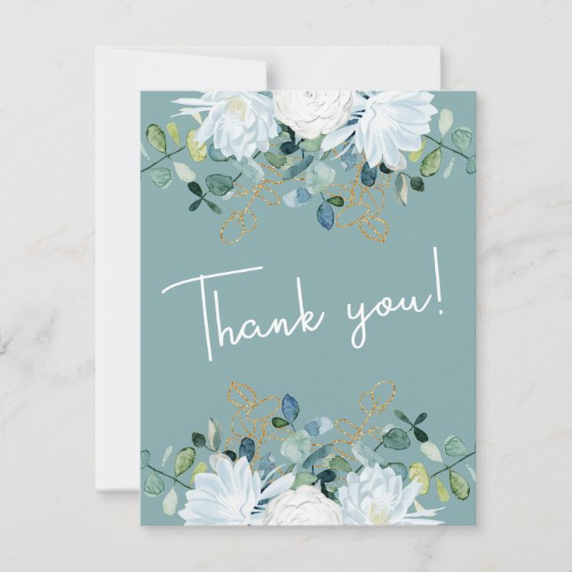 Elegant eucalyptus white flowers photo wedding thank you card (Front)