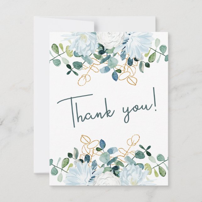 Elegant eucalyptus white flowers photo wedding thank you card (Front)