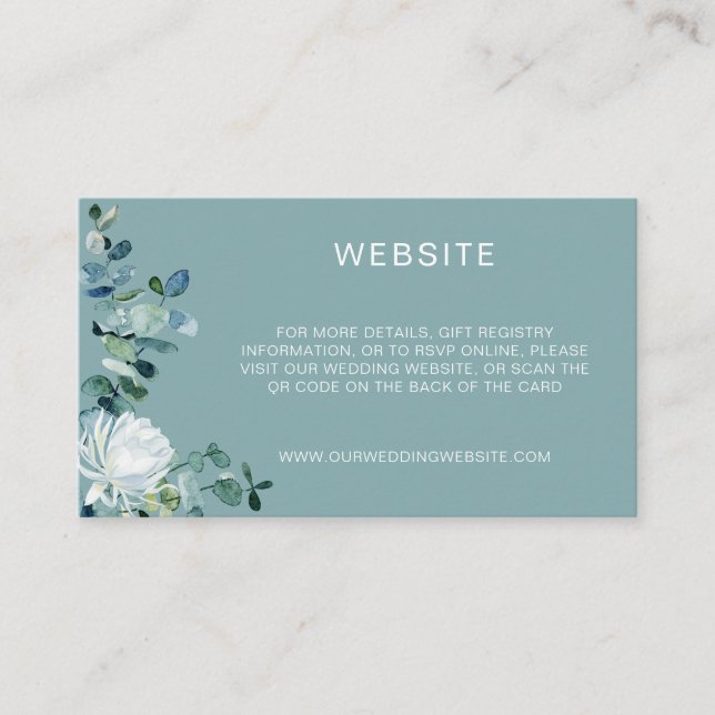 Elegant eucalyptus & white flowers QR Code website Enclosure Card (Front)