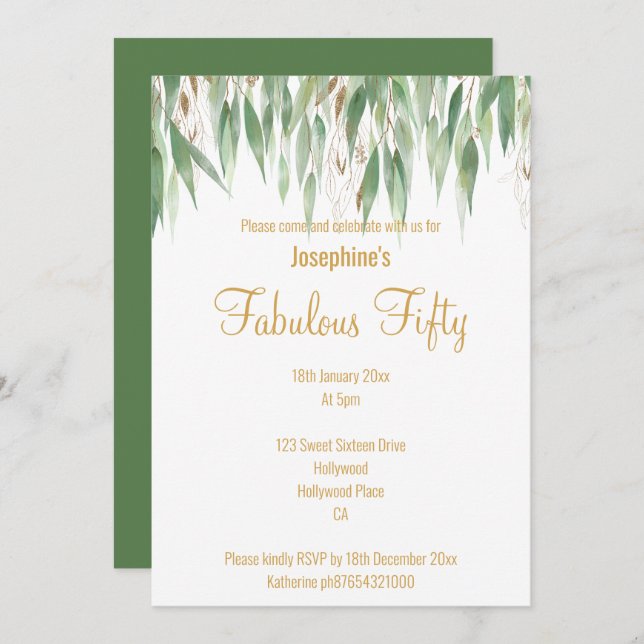 ELEGANT EUCALYPTUS  WHITE GOLD CUSTOM INVITATION (Front/Back)
