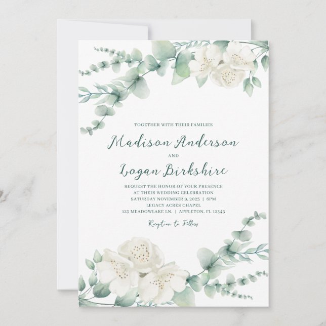 Elegant Eucalyptus White Peony Wedding Invitation (Front)