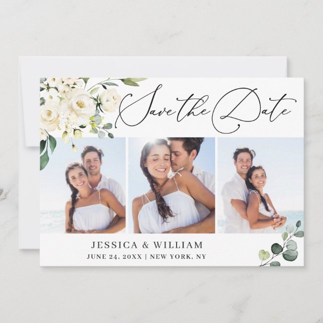 Elegant Eucalyptus White Roses 3 PHOTO Wedding Save The Date (Front)