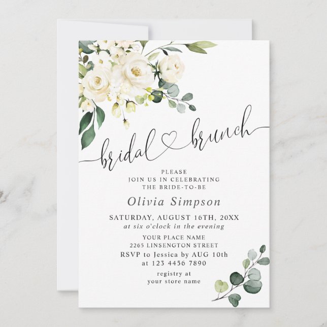 Elegant Eucalyptus White Roses Bridal Brunch Invitation (Front)