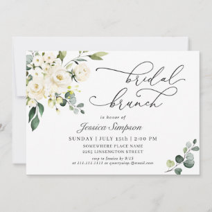 Elegant Eucalyptus White Roses Bridal Brunch Invitation
