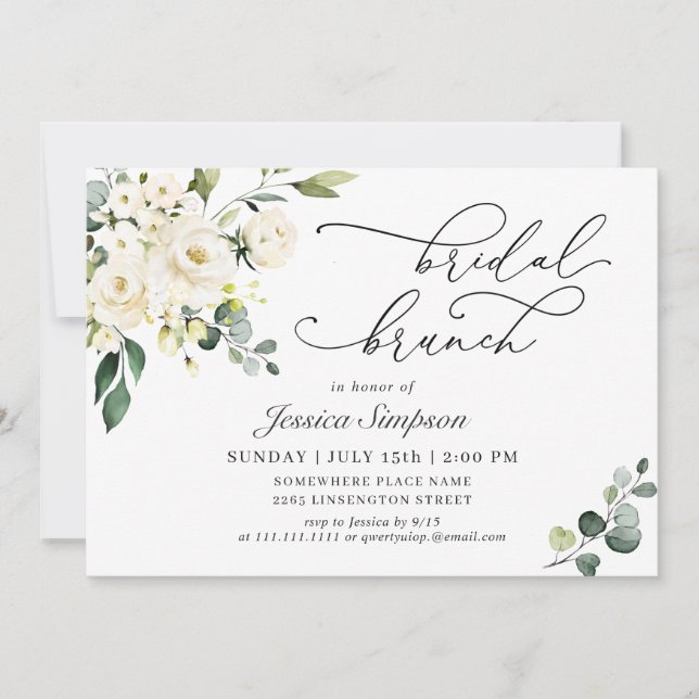 Elegant Eucalyptus White Roses Bridal Brunch Invitation (Front)