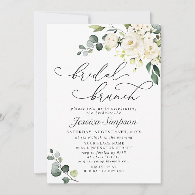 Elegant Eucalyptus White Roses Bridal Brunch Invitation (Front)