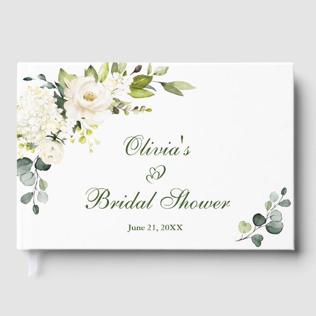 Elegant Eucalyptus White Roses Bridal Shower Guest Book (Front)