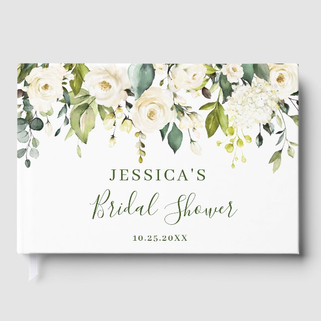 Elegant Eucalyptus White Roses Bridal Shower Guest Book (Front)