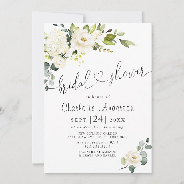 Elegant Eucalyptus White Roses Bridal  Shower Invitation (Front)