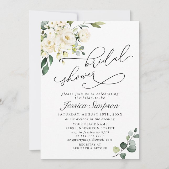 Elegant Eucalyptus White Roses Bridal Shower Invitation (Front)
