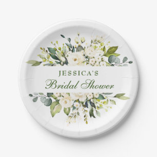 Elegant Eucalyptus White Roses Bridal Shower Paper Plate
