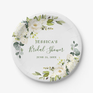 Elegant Eucalyptus White Roses Bridal Shower Paper Plate