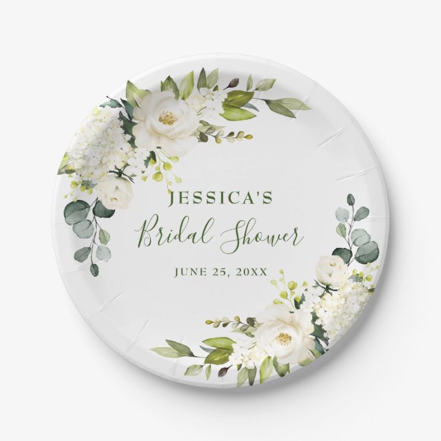 Elegant Eucalyptus White Roses Bridal Shower Paper Plate (Front)