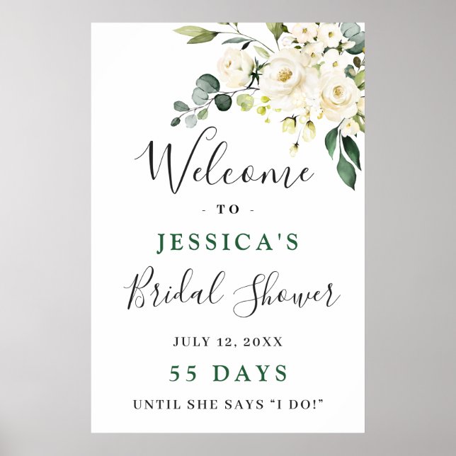 Elegant Eucalyptus White Roses Bridal Shower Poster (Front)