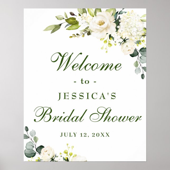 Elegant Eucalyptus White Roses Bridal Shower Poster (Front)