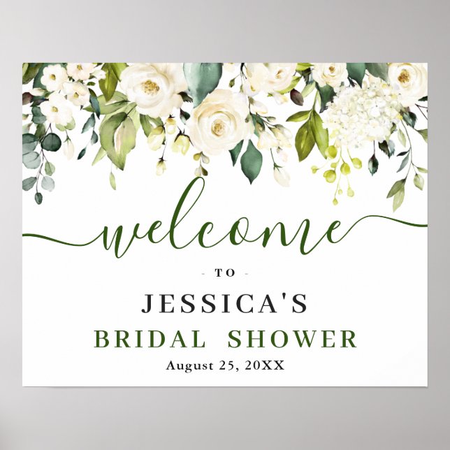 Elegant Eucalyptus White Roses BRIDAL SHOWER Poster (Front)