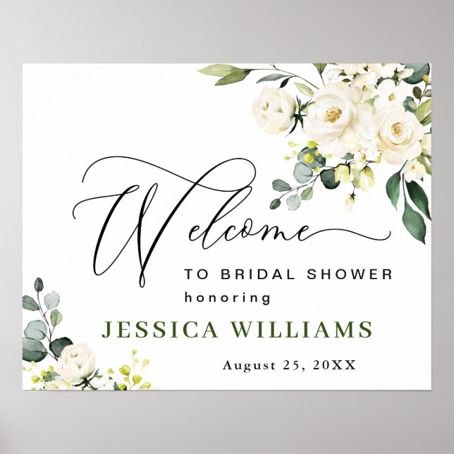 Elegant Eucalyptus White Roses BRIDAL SHOWER Poster (Front)