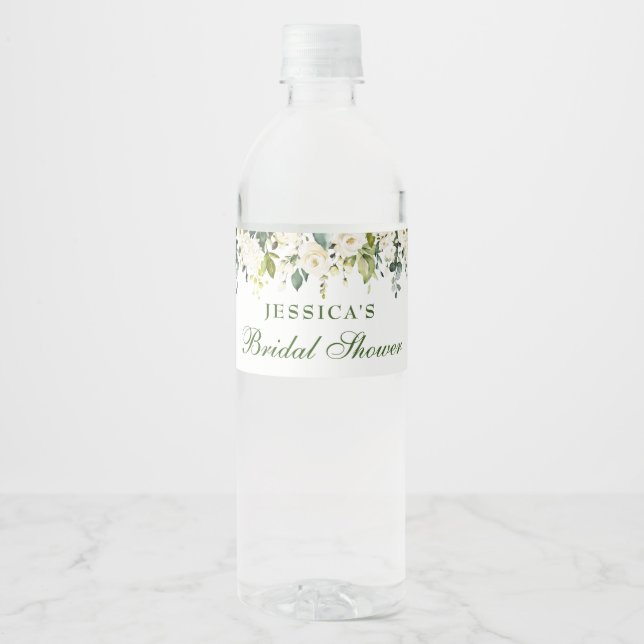 Elegant Eucalyptus White Roses Bridal Shower Water Bottle Label (Front)